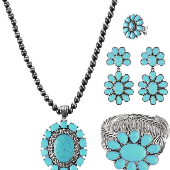 Jewelry - 4 PCS Western Turquoise Jewelry for Women Boho Vintage Navajo Pearl Necklace Ear